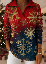 Retro Christmas Gradient Snowflake Art Pattern Polo Collar Shiny Loose Sweater Top
