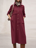 Women's Solid Color Lapel Long-sleeved Casual Loose Cotton And Linen Shirt Dress
