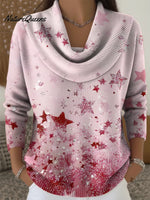 Women's Pink Sparkling Stars Print Cowl Neck Sweater
