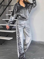 Women's Velvet Solid Color Patchwork Leopard Print Zip-up Sweatshirt And Pants Two-piece Set