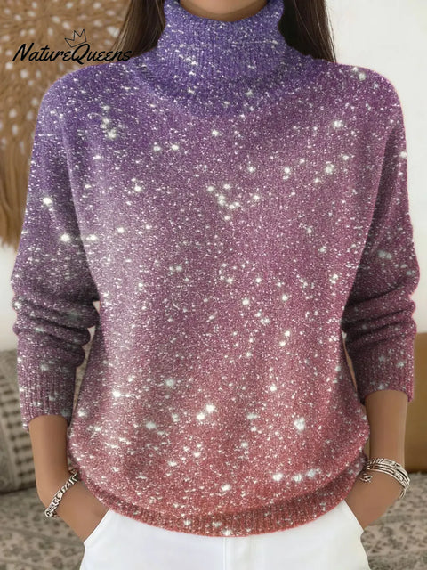 Women's Shimmery Pink-purple Gradient Print Turtleneck Sweater