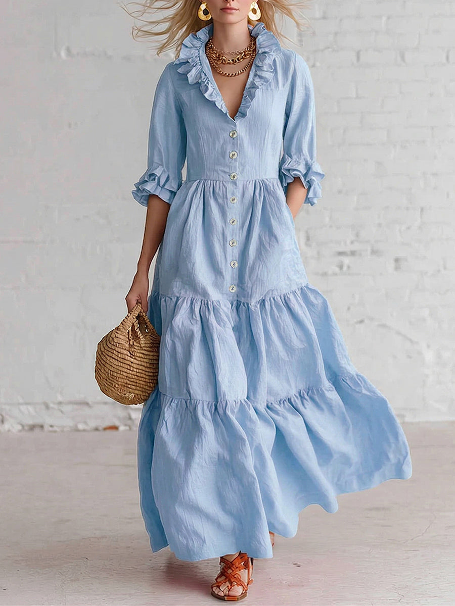 Retro Ruffled Stand-collar Maxi Dress