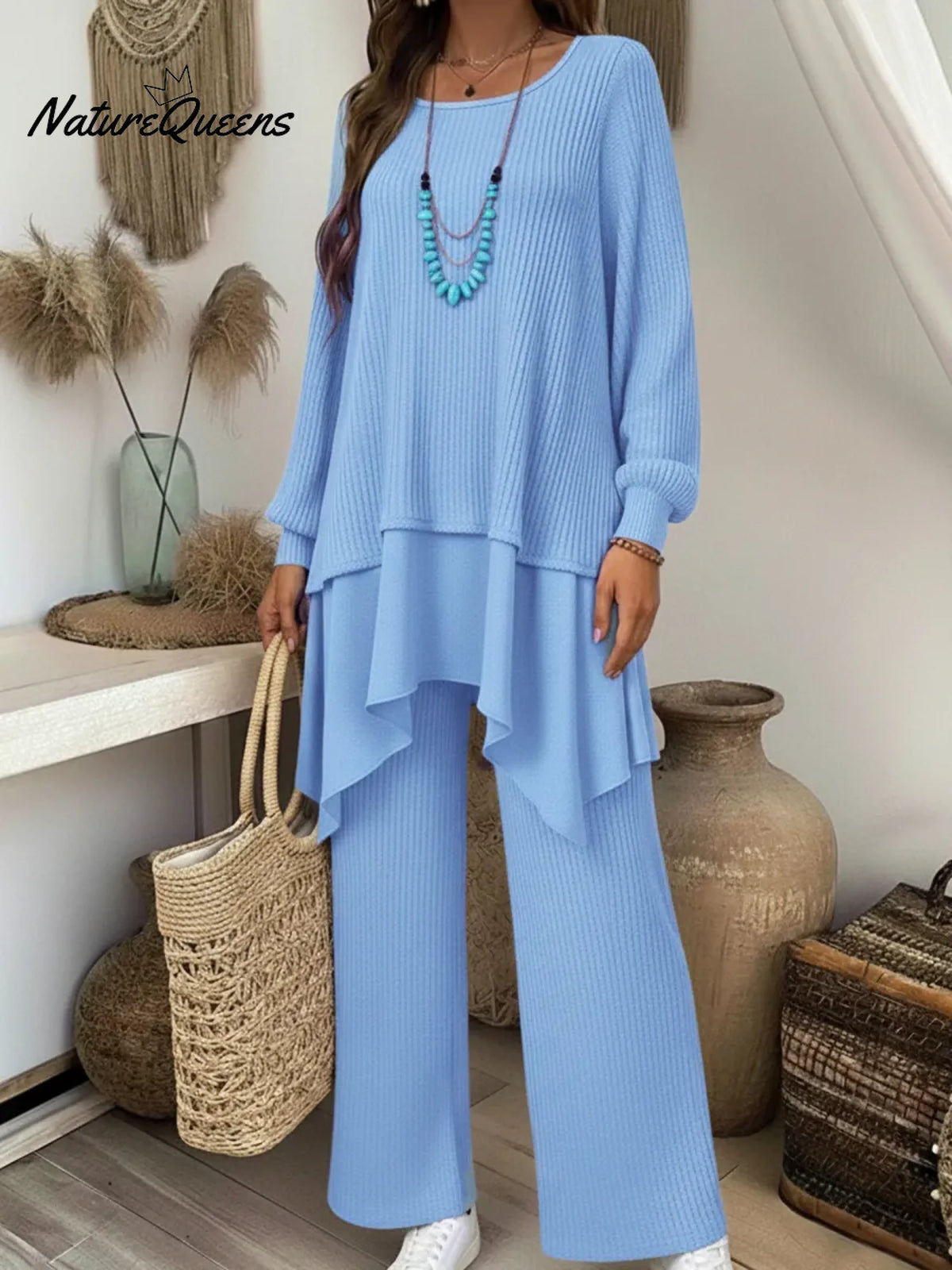 Cozy Travel Outing Knitted Patchwork Top And Pants Two-piece Set