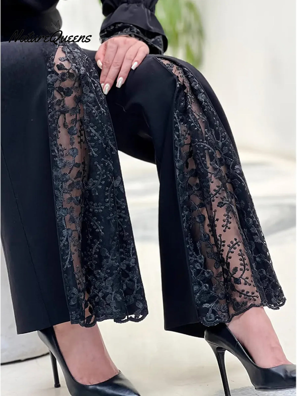 Women's Elegant Flared Trousers With Lace Detailing At The Front