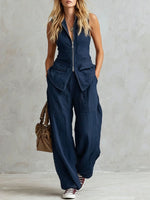 Solid-color Sleeveless V-neck Color-block Wide-leg Pant Set