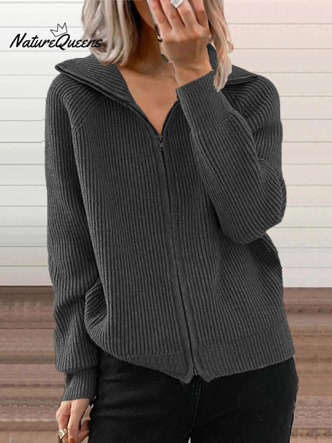 Women's Striped Casual Loose Knit Cardigan Zip Lapel Sweater