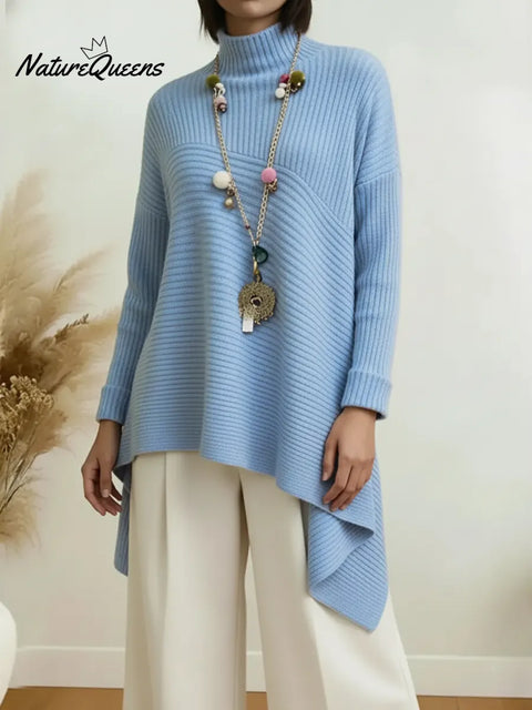 Women's Cozy High-neck Pullover Sweater With Asymmetrical Hem