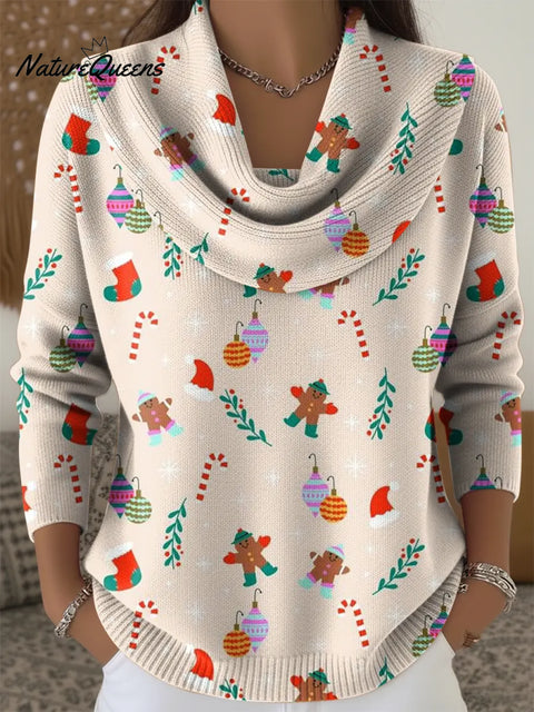 Women's Cute Christmas Print Cowl Neck Sweater