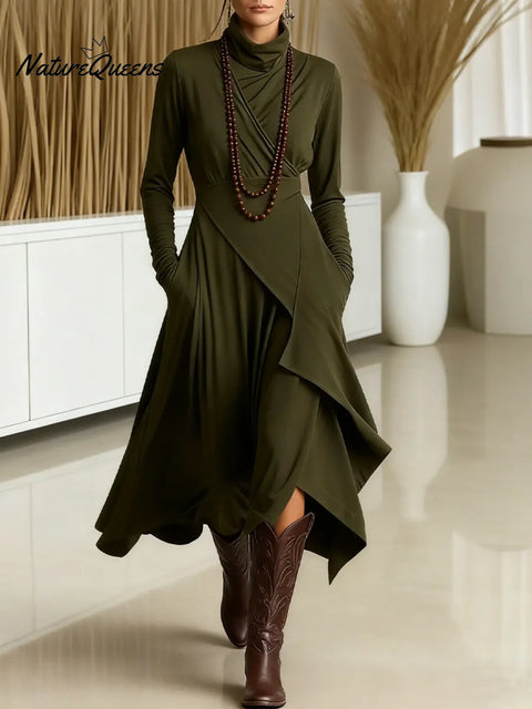 Women's Solid Color Turtleneck Long-sleeved Casual Loose Irregular Hem Knitted Dress