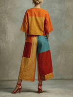 Women's Casual Cotton-linen Colorblock Set