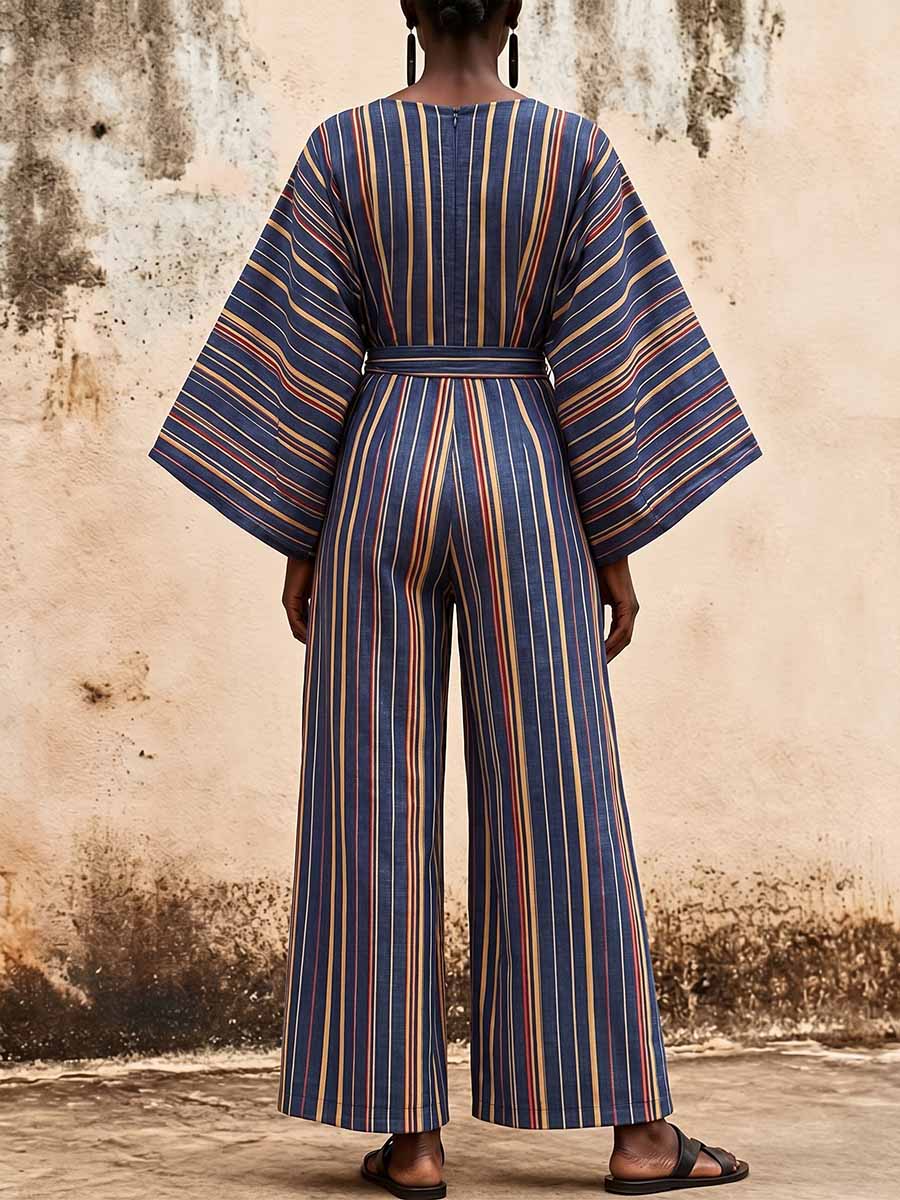Women's Striped Print V-neck Long-sleeve Casual Loose Wide-leg Jumpsuit