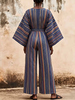 Women's Striped Print V-neck Long-sleeve Casual Loose Wide-leg Jumpsuit