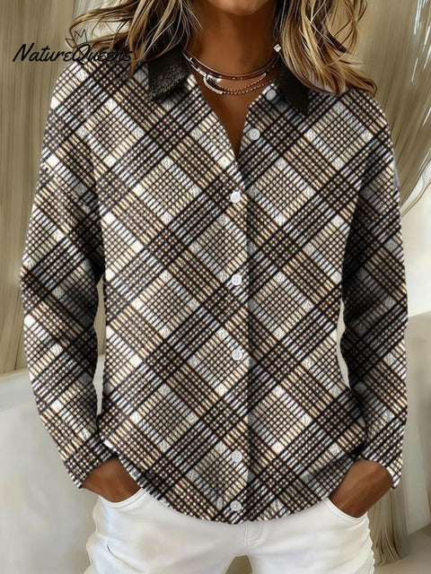 Geometric Line Checkered Decorative Pattern Casual Shirt Collar Long Sleeve Sweater