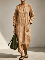 Henry-neck Midi Dress In A Cotton-linen Blend, Featuring A Straight Cut, Three-quarter Sleeves, And Large Patch Pockets.
