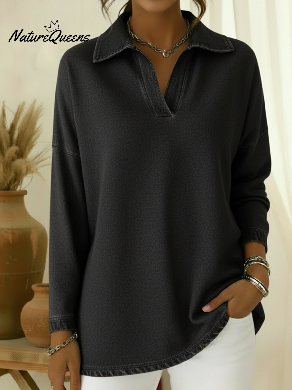 Unisex Casual Polo-neck Denim Sweatshirt