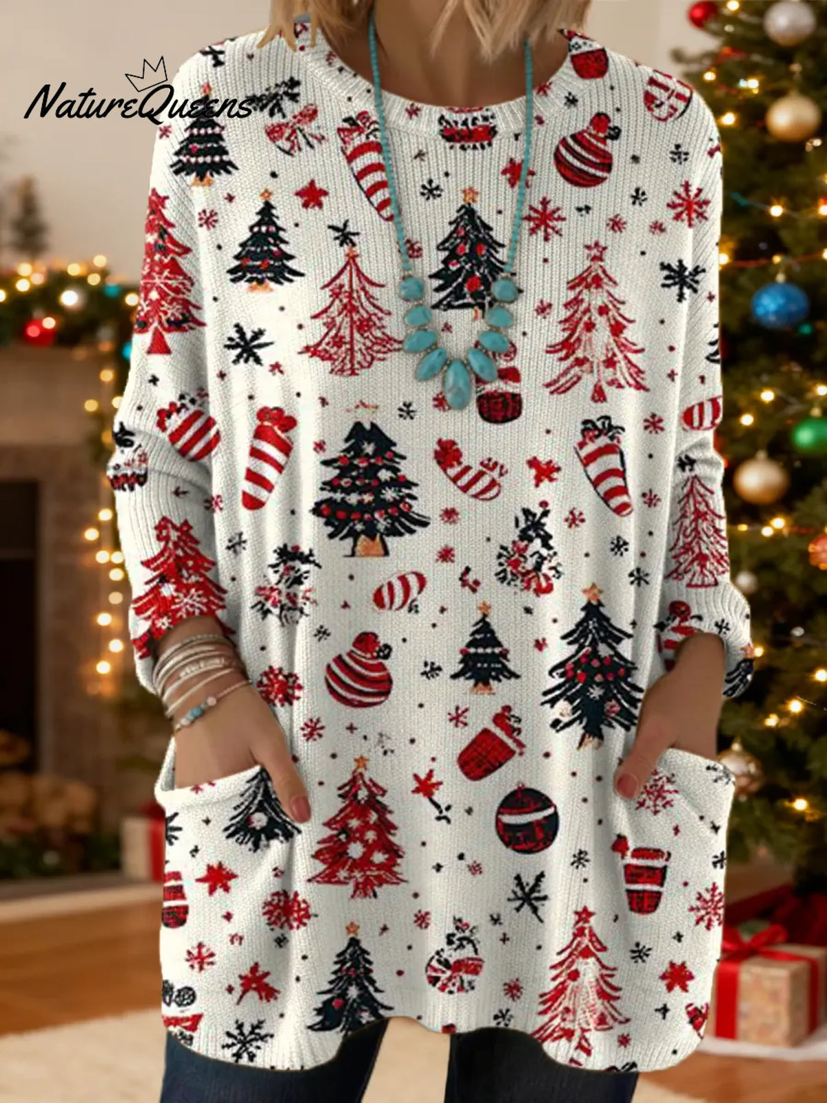 Women's Christmas Tree Pattern Art Print Casual Cotton Knitted Sweater