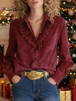 Women's Solid Color Collared Ruffled Long-sleeved Casual Loose Faux Suede Shirt