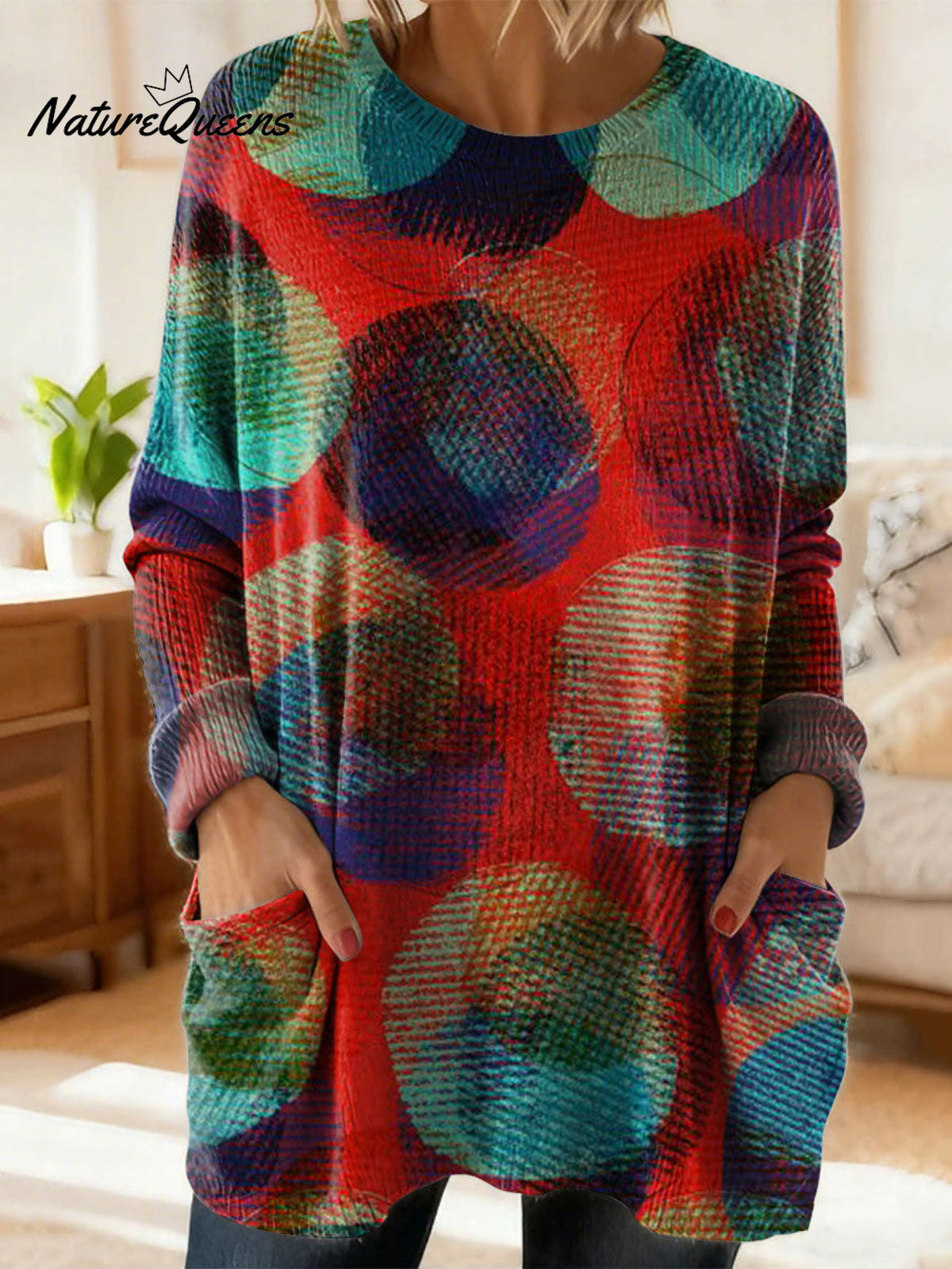 Women's Retro Abstract Pattern Art Print Casual Cotton Knitted Sweater