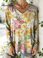 Women's Floral Pattern Art Print V-neck Casual Cotton T-shirt