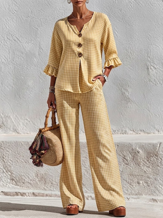 Two-piece Set Featuring A Plaid V-neck Top With Wooden Buttons And Ruffled Three-quarter Sleeves, Paired With Wide-leg Trousers