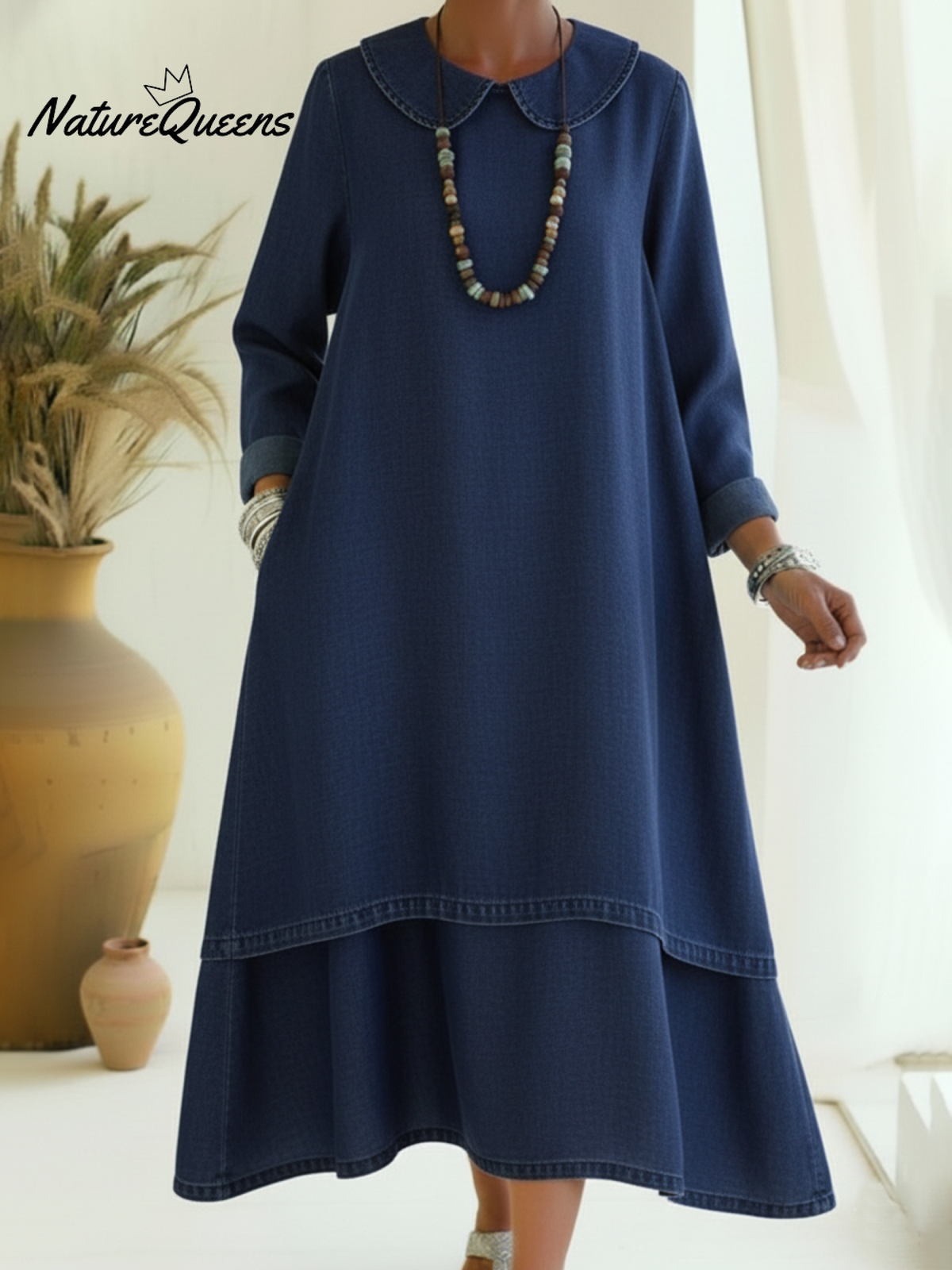 Vintage Peter Pan Collar Double-layered Hem Denim Dress