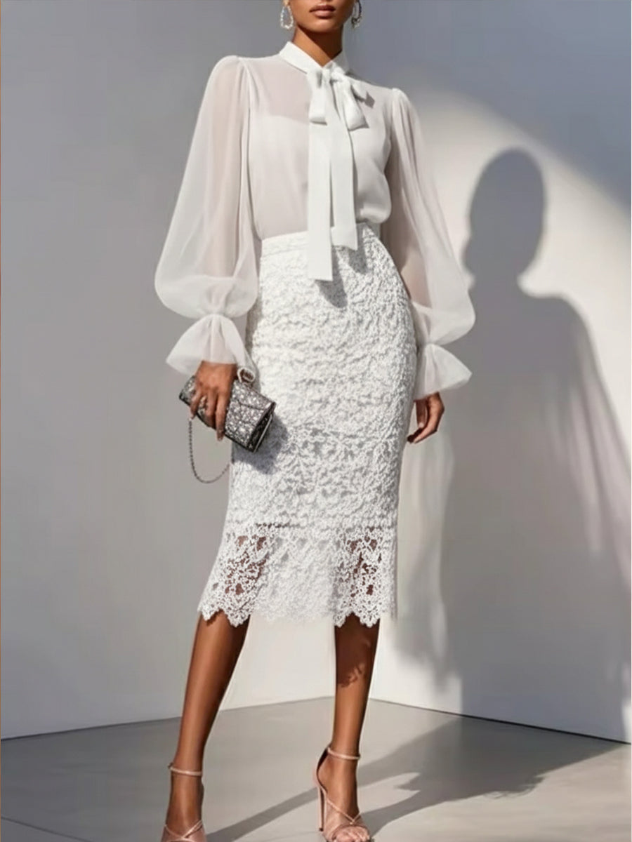 Elegant Chiffon Blouse And Lace Skirt Two-piece Set
