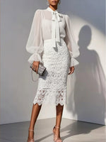 Elegant Chiffon Blouse And Lace Skirt Two-piece Set