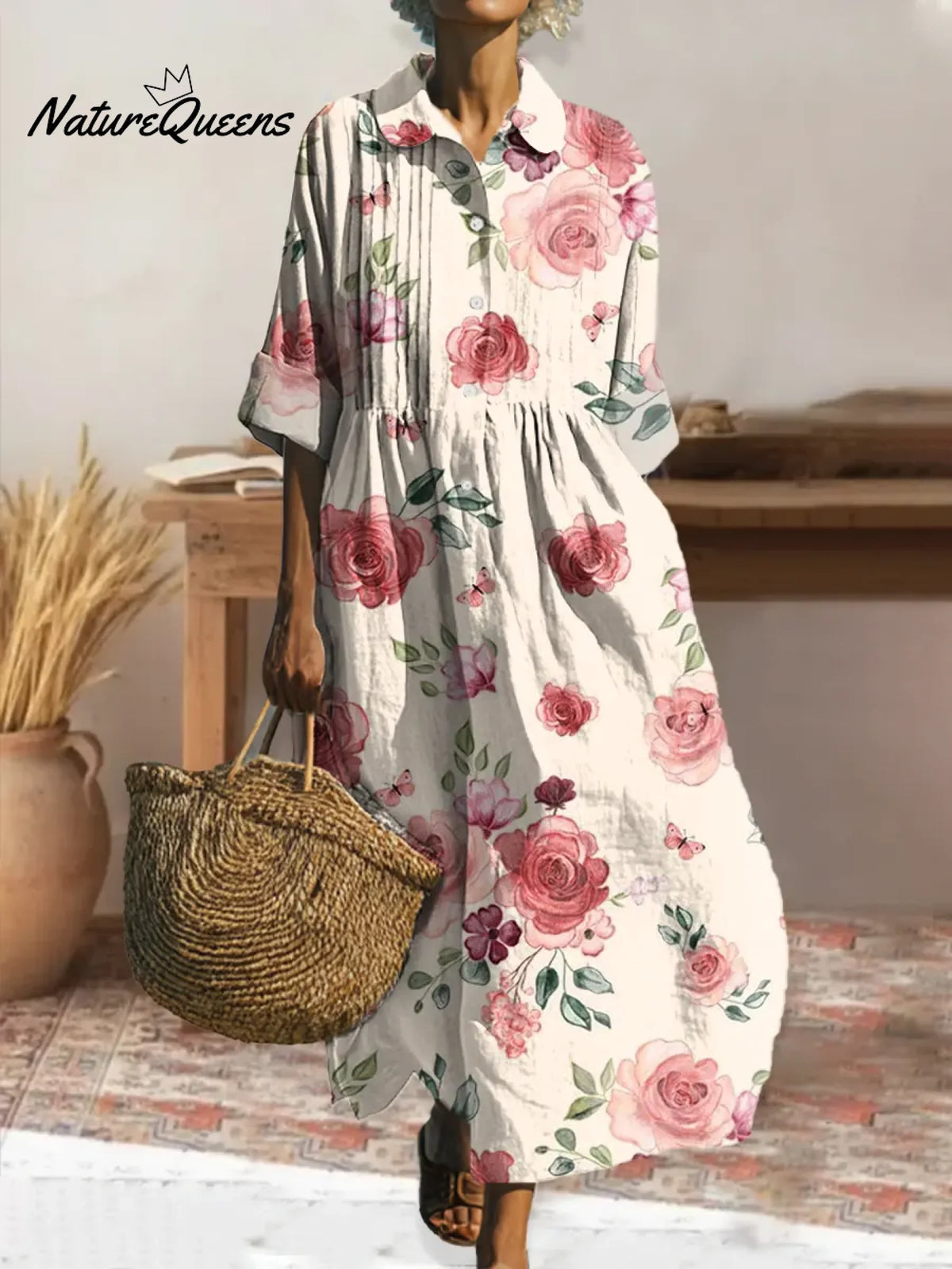 Women's Retro Floral Art Print Pleated Peter Pan Collar Casual Dress