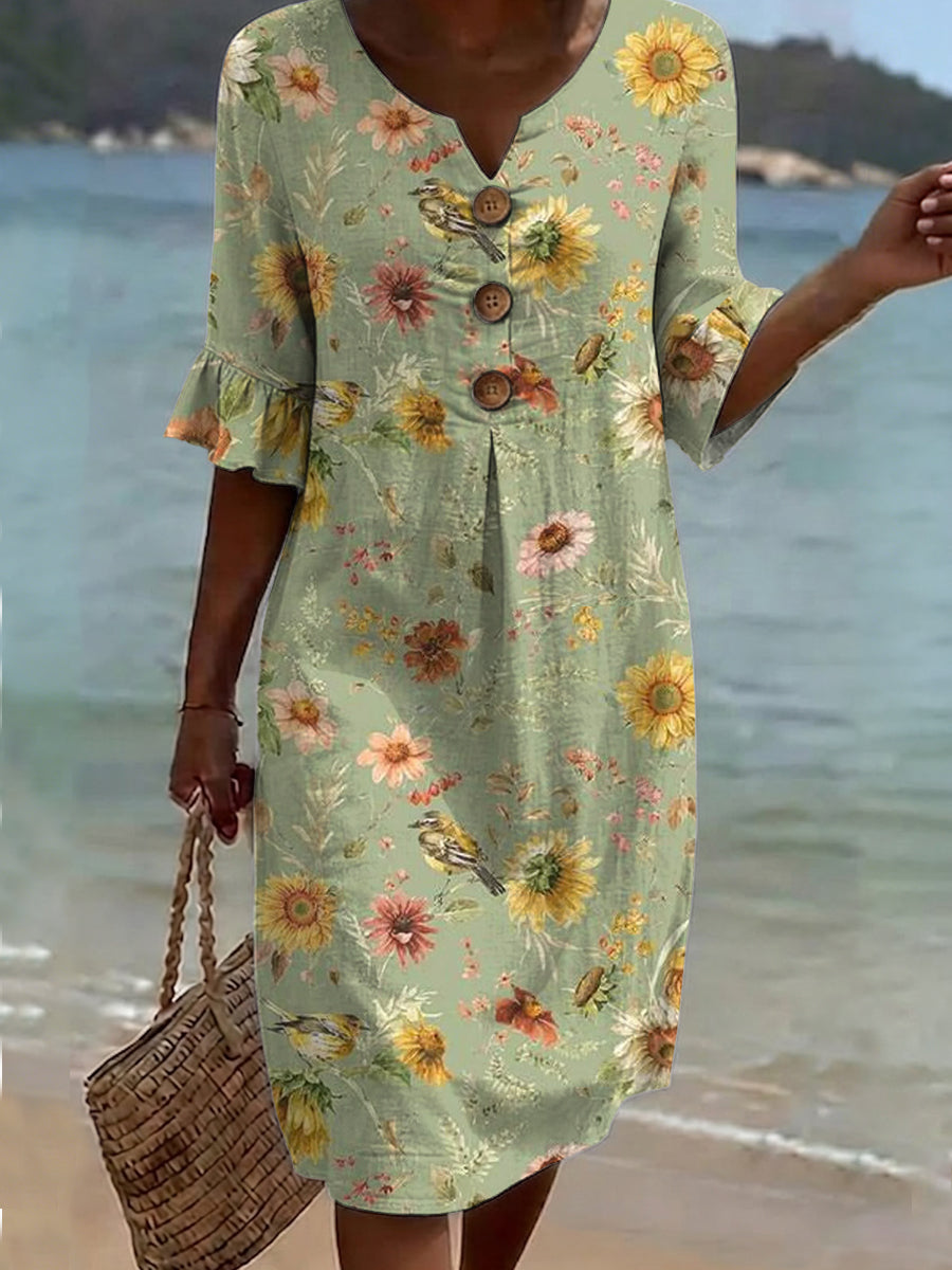 Women's Vintage Sunflower Pattern Print Casual Button-down Cotton Dress
