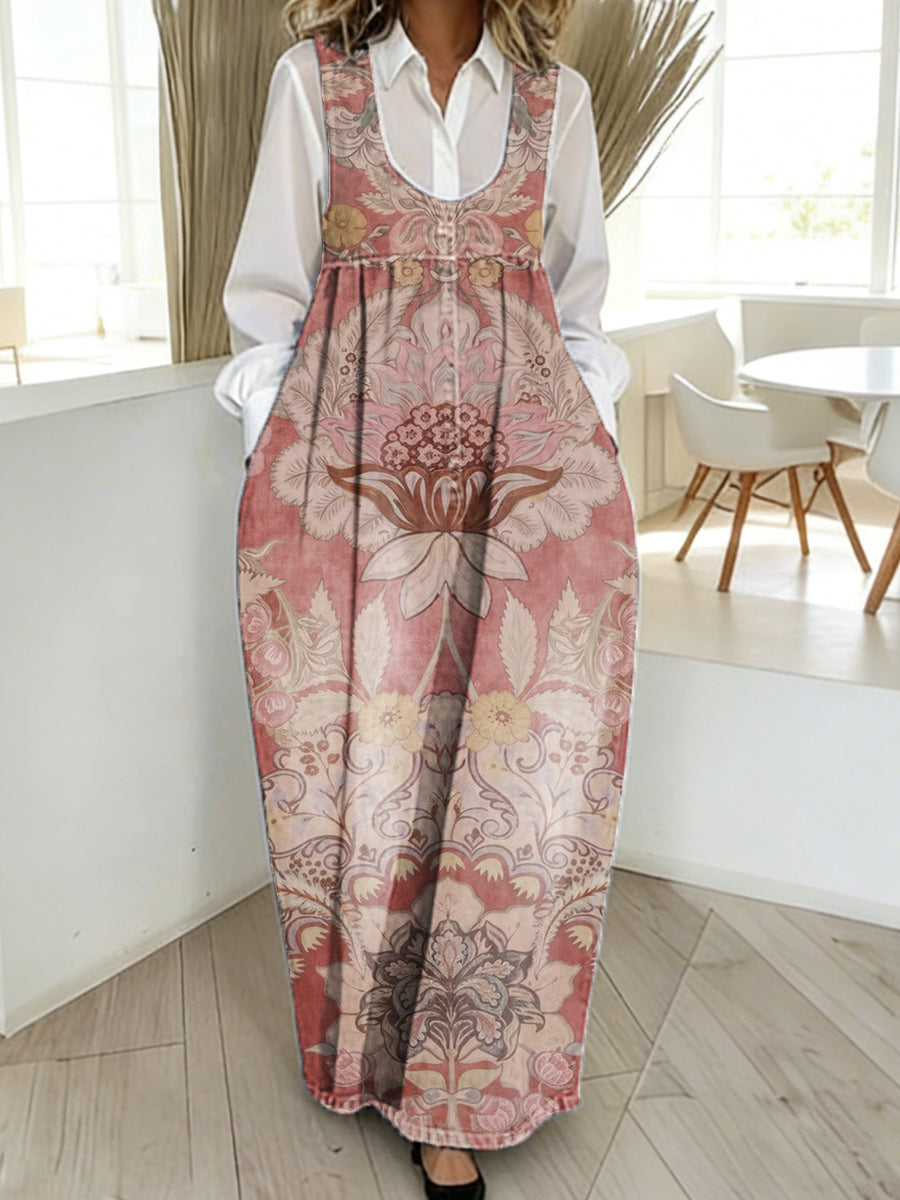 Women's Retro Flower Art Print Casual Loose Denim Vest Dress