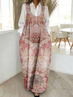 Women's Retro Flower Art Print Casual Loose Denim Vest Dress