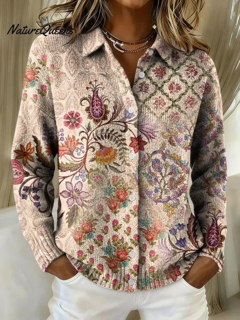 Women's Ethnic Style Art Printed Collared Sweater