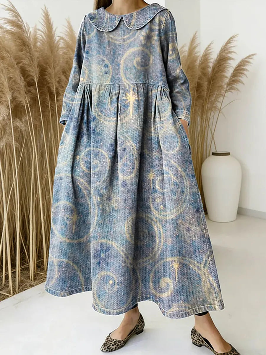 Women Vintage Pattern Art Print Casual Denim Dress