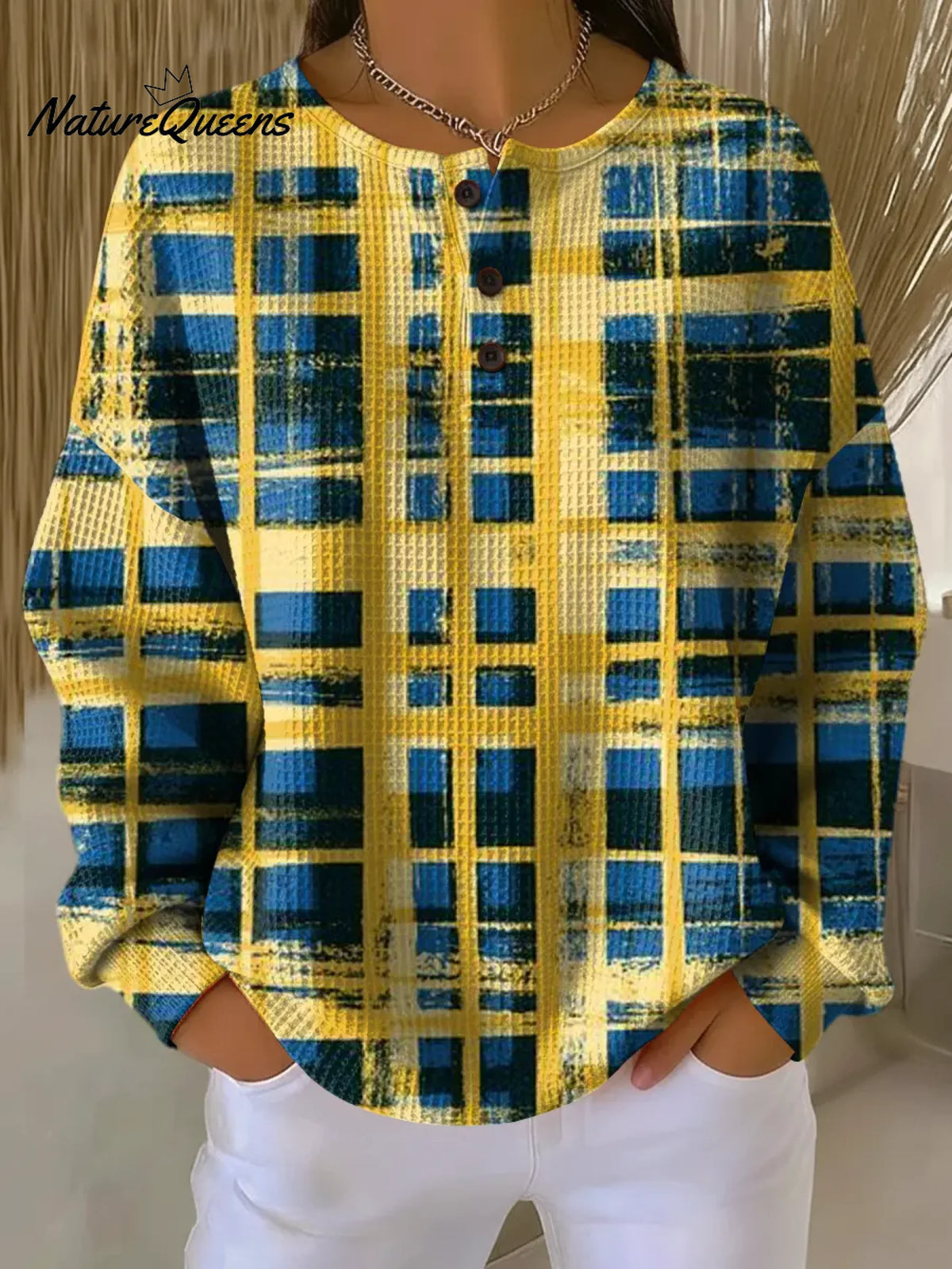 Women's Vintage Plaid Pattern Art Print Casual Waffle Sweatshirt