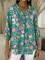 Women's Retro Gradient Flowers Floral Art Casual Denim V-neck Ruffled Shirt