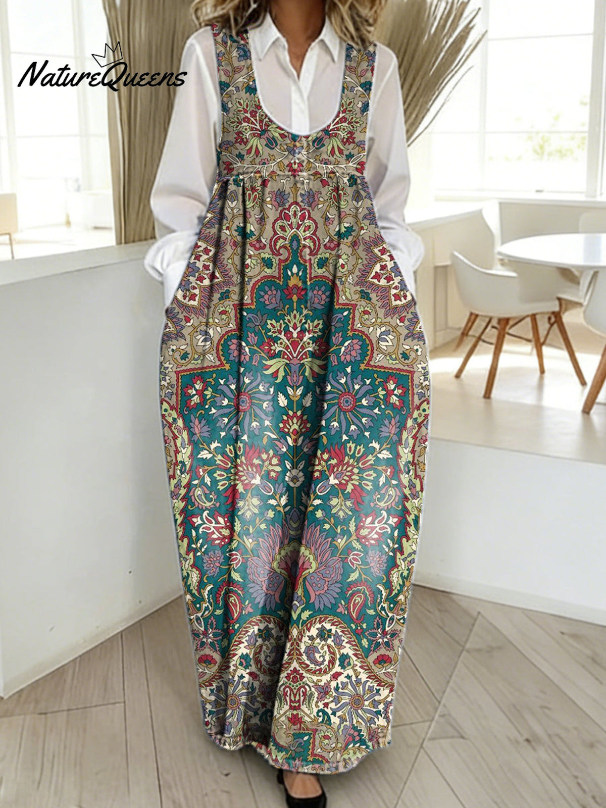 Women's Vintage Symmetrical Flowers Art Print Casual Cotton Denim Dress