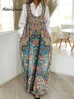 Women's Vintage Symmetrical Flowers Art Print Casual Cotton Denim Dress