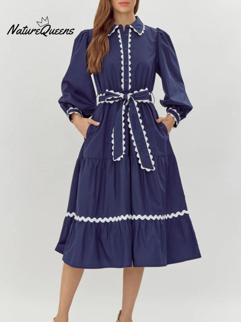 Women's ribbon contrast solid color long-sleeved cotton dress