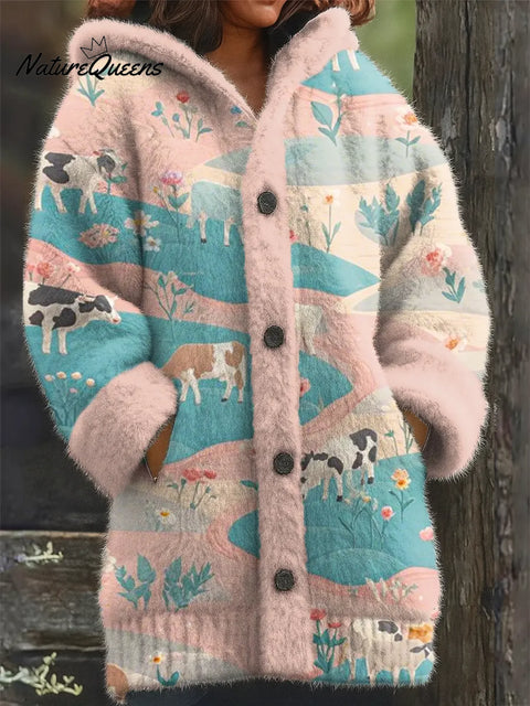 Women's Funny Cow Pattern Art Print Casual Fleece Coat