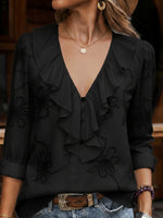 Vintage ruffled V-neck shirt with embroidered flowers