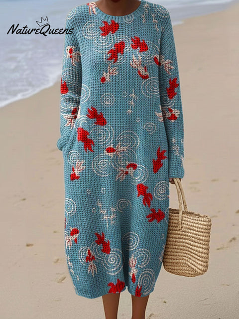 Goldfish Decorative Pattern Women's Casual Round Collar Long Sleeve Dress