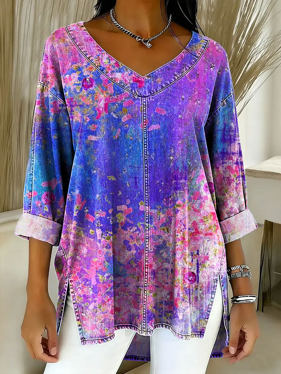 Women's Retro Gradient Flowers Floral Art Patterns Casual Washed Denim Cotton Top