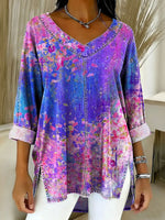 Women's Retro Gradient Flowers Floral Art Patterns Casual Washed Denim Cotton Top