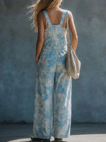 Women's Abstract Print Casual Loose Cotton-linen Wide-leg Jumpsuit With Straps