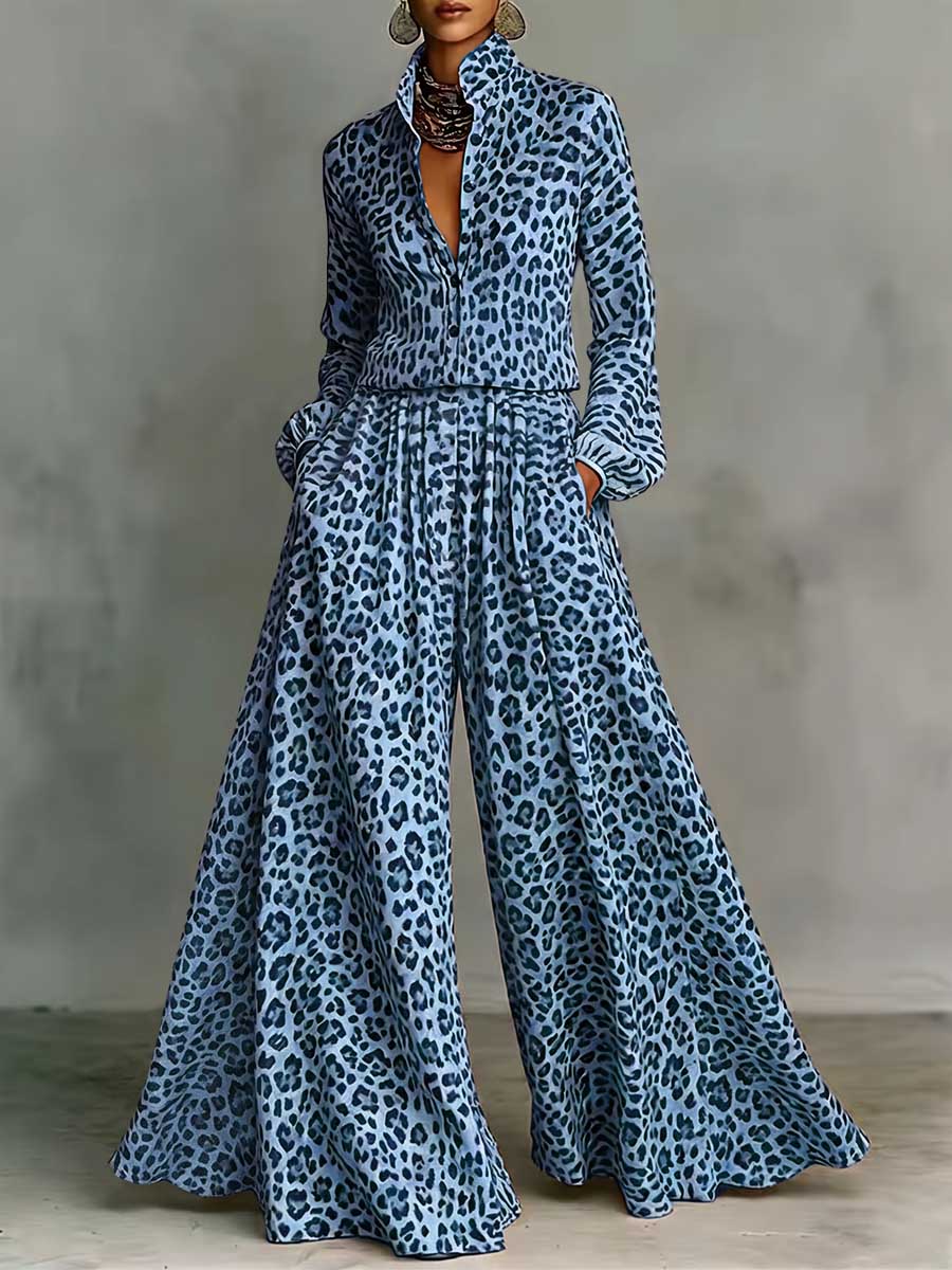 Women's Leopard Print Matching Set: Collared Long-sleeve Loose-fit Casual Top & High-waisted Loose Wide-leg Pants