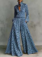 Women's Leopard Print Matching Set: Collared Long-sleeve Loose-fit Casual Top & High-waisted Loose Wide-leg Pants