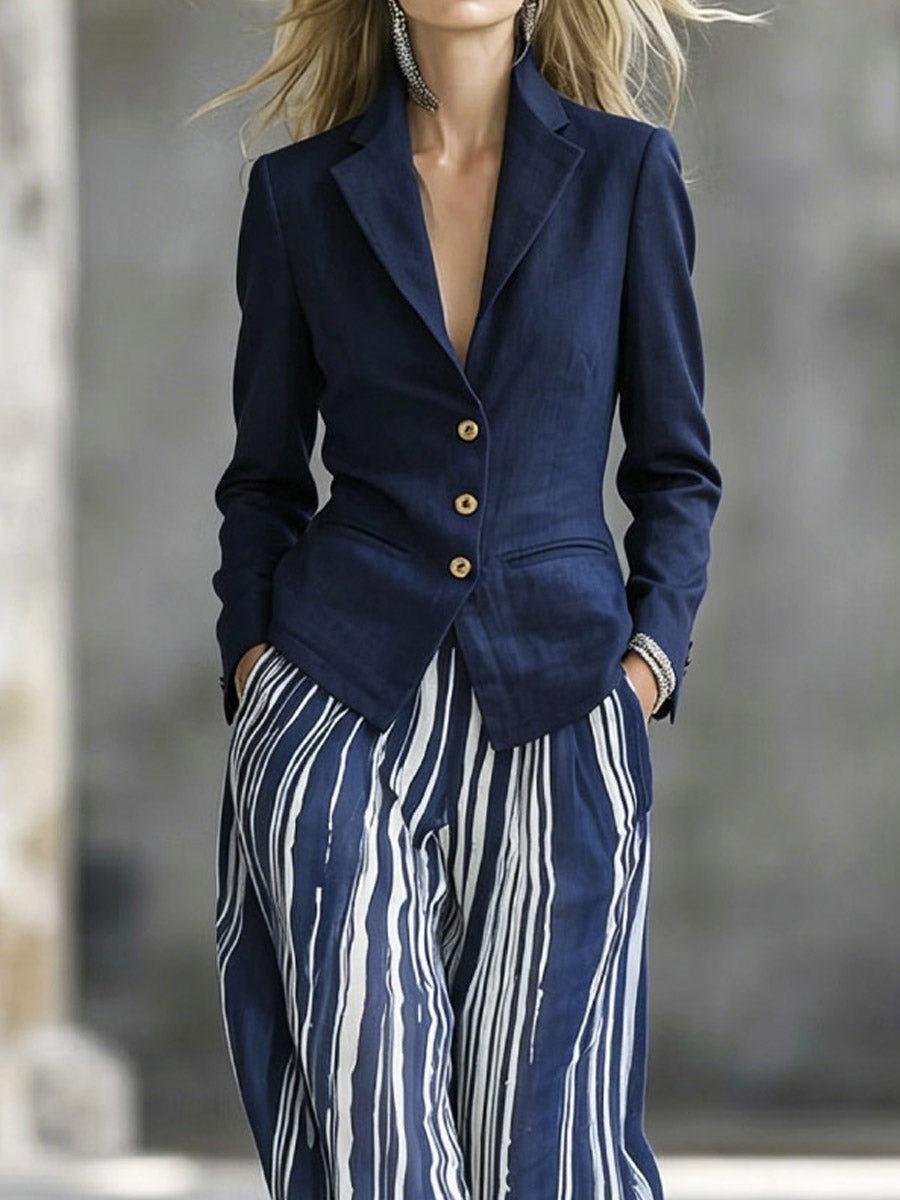 Women's Art Comfortable Casual Long Sleeve Top And Striped Pants Cotton Linen Two-piece Set