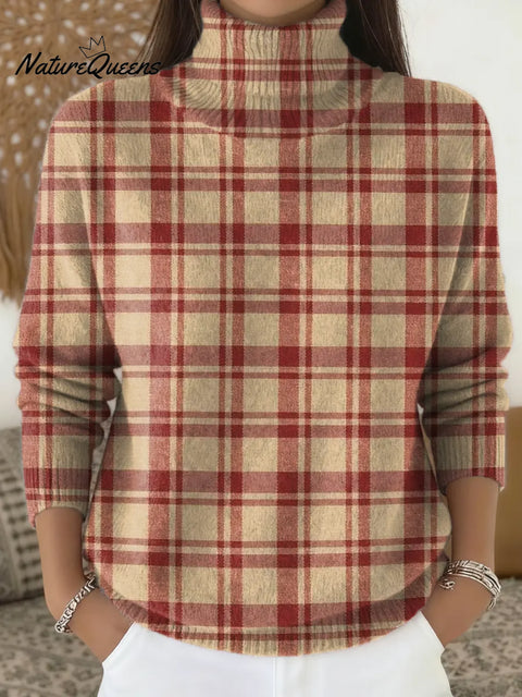 Women's Plaid Pattern Art Print Casual Turtleneck Pullover Sweater
