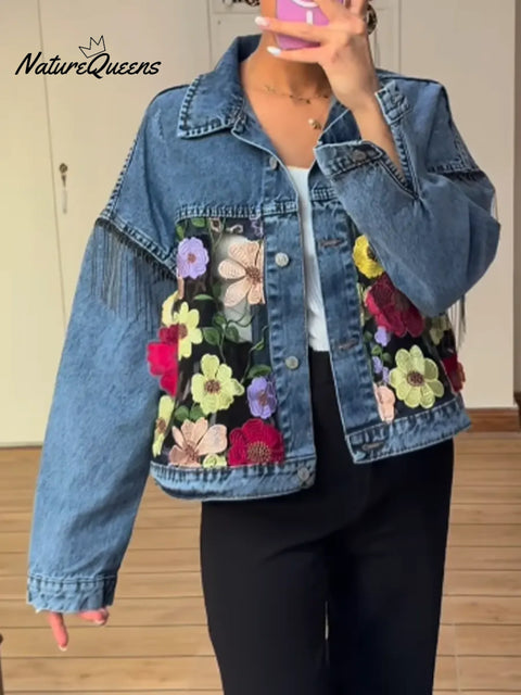Women's Casual Lace-Patch Denim Jacket