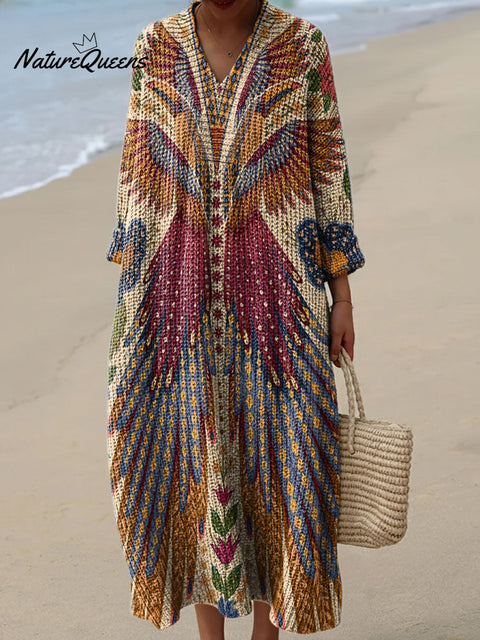 Mysterious And Gorgeous Bird And Flower Decorative Patterns Women's Casual V-collar Long Sleeve Dress